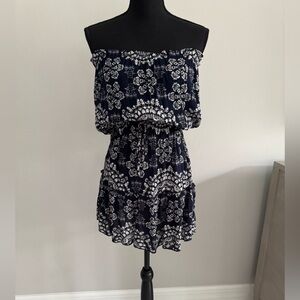 Elan Strapless Navy Dress with White Floral Design